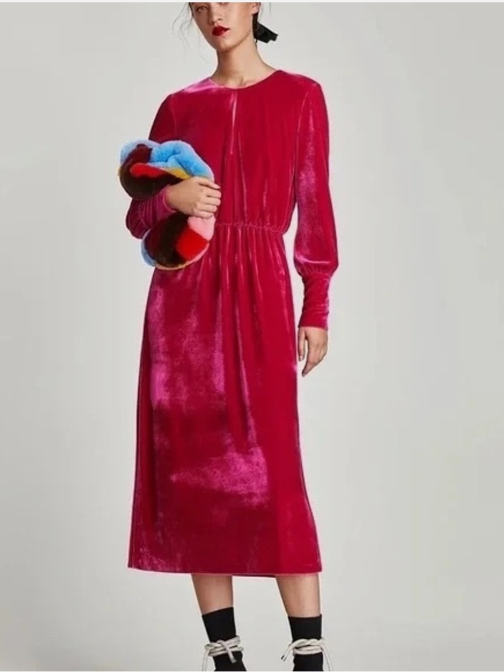 Zara Fuchsia Velvet Long-Sleeve Midi Dress Size Small
